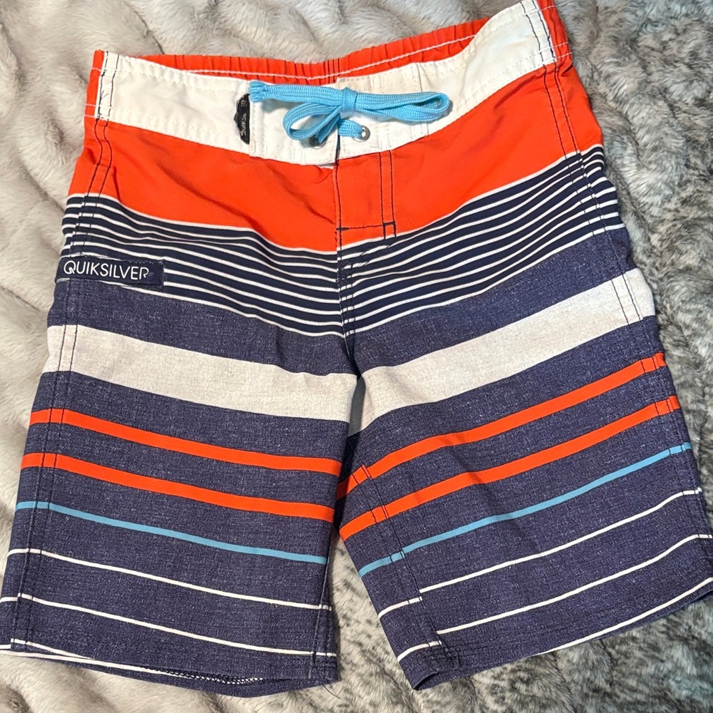 Quiksilver Boys Orange, Navy & White Stripe Swim Trunks